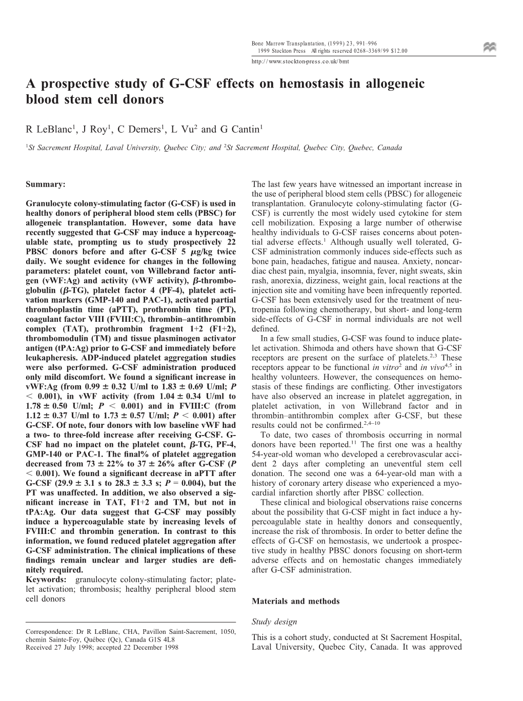 A Prospective Study of G-CSF Effects on Hemostasis in Allogeneic Blood Stem Cell Donors