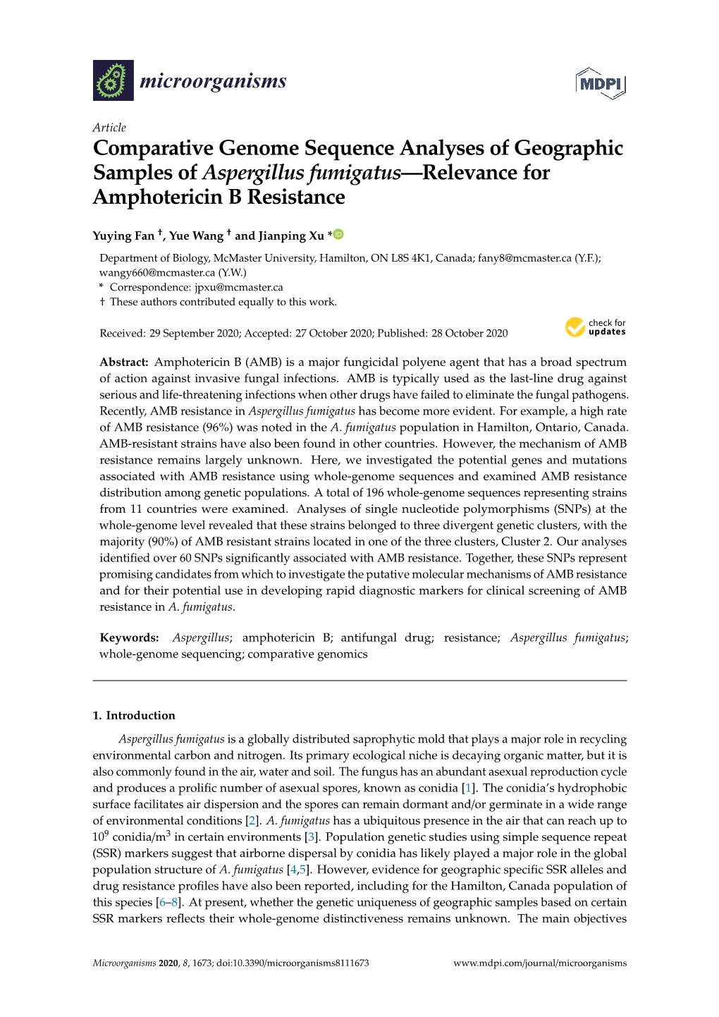 Comparative Genome Sequence Analyses of Geographic Samples of Aspergillus Fumigatus—Relevance for Amphotericin B Resistance