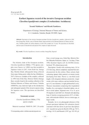 Earliest Japanese Record of the Invasive European Ascidian Clavelina Lepadiformis Complex (Urochordata: Ascidiacea)