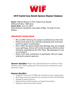 2015 Crystal Lucy Awards Sponsor Request Summary