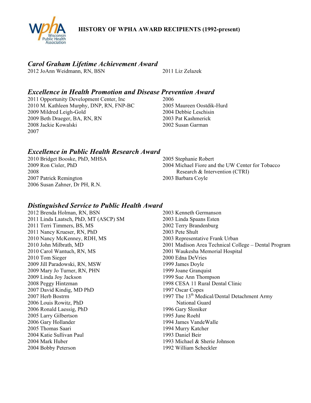 Carol Graham Lifetime Achievement Award Excellence in Health