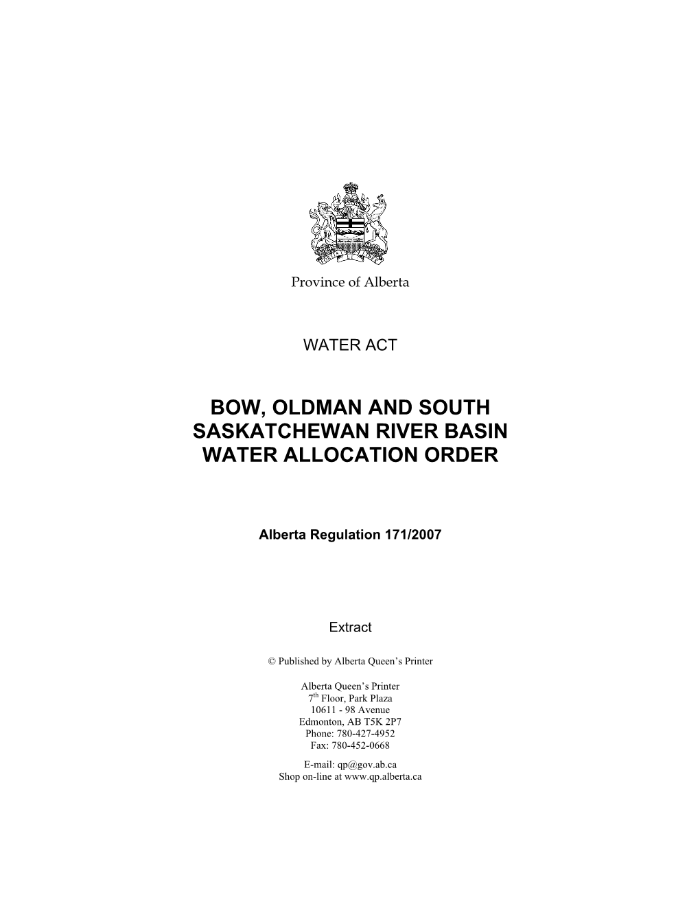 Bow, Oldman and South Saskatchewan River Basin Water Allocation Order