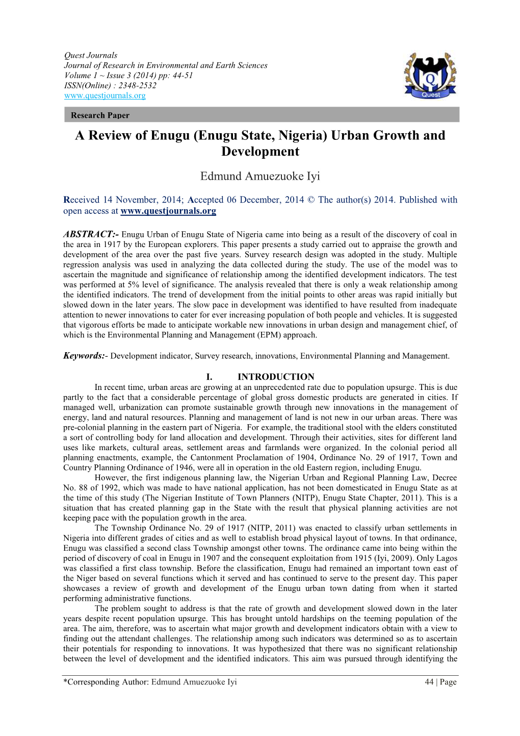 Enugu State, Nigeria) Urban Growth and Development