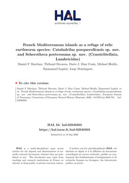 French Mediterranean Islands As a Refuge of Relic Earthworm Species: Cataladrilus Porquerollensis Sp
