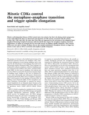Mitotic Cdks Control the Metaphase–Anaphase Transition and Trigger Spindle Elongation