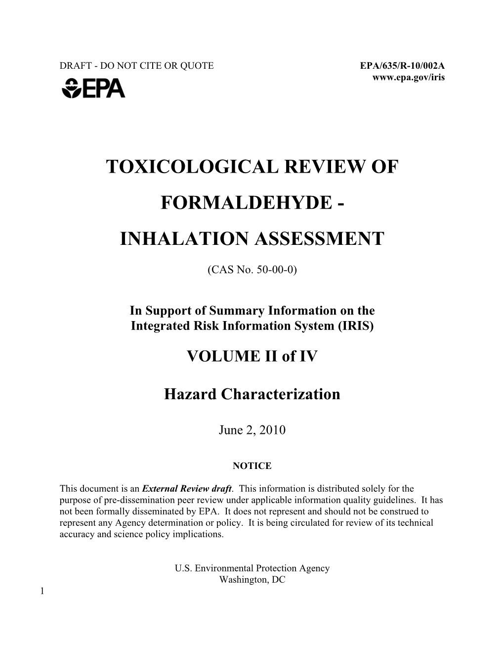 TOXICOLOGICAL REVIEW of FORMALDEHYDE (CAS No