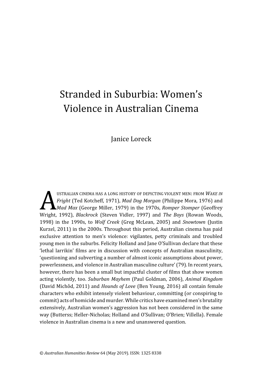 Stranded in Suburbia: Women's Violence in Australian Cinema