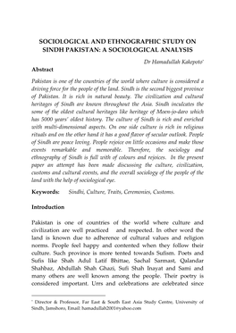 Sociological and Ethnographic Study on Sindh Pakistan: a Sociological Analysis