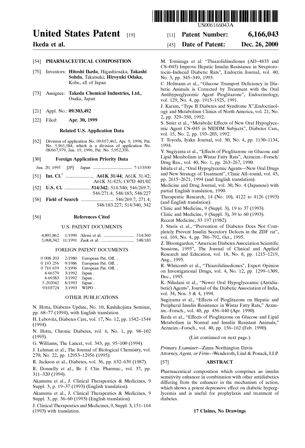 United States Patent (19) 11 Patent Number: 6,166,043 Ikeda Et Al