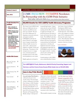 CCMH INCLUSION INITIATIVE Newsletter: in Partnership with the CCHS Pride Initiative Find Online with Active Links At
