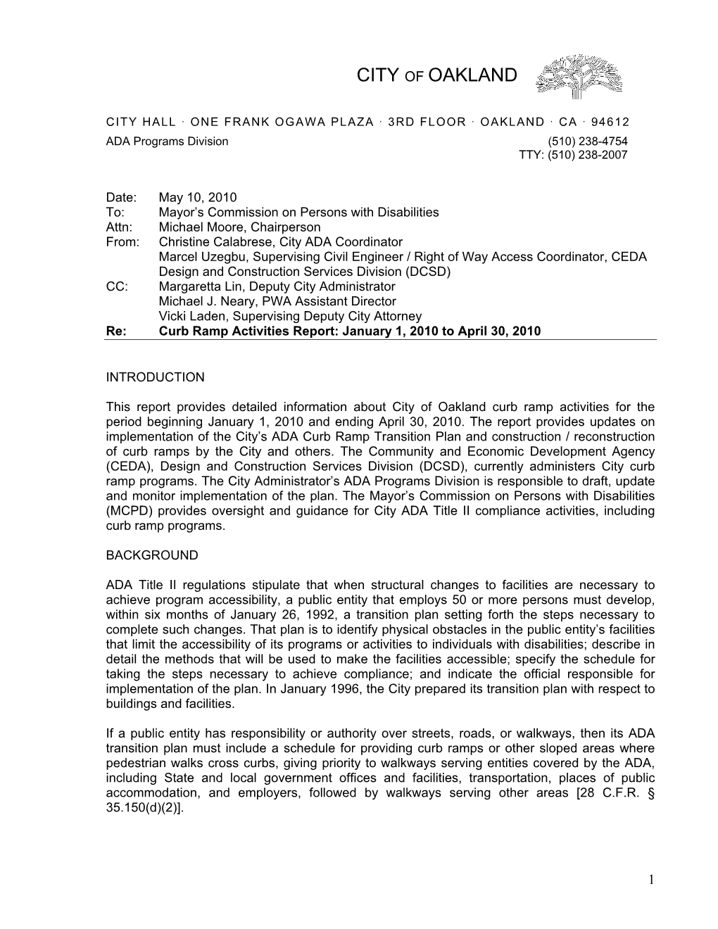 Curb Ramp Activities Report: January 1, 2010 to April 30, 2010