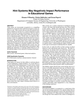 Hint Systems May Negatively Impact Performance in Educational Games