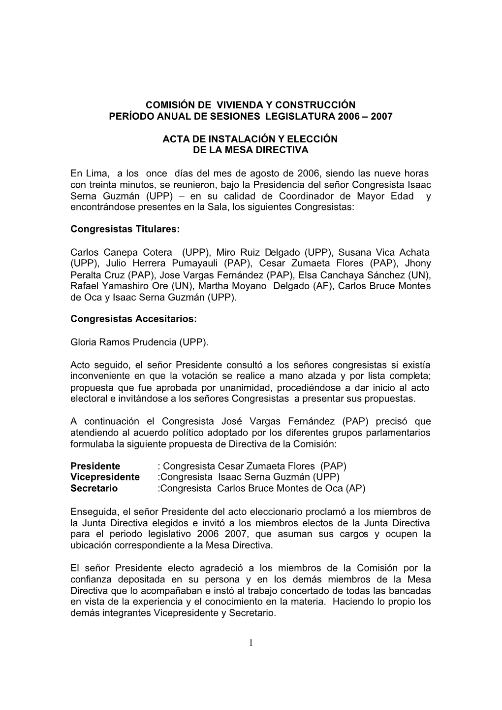 1 Comisión De Vivienda Y Construcción Período