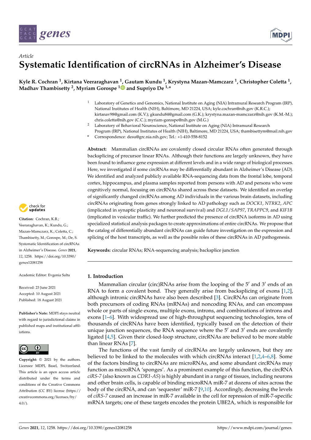 Systematic Identification of Circrnas in Alzheimer's Disease