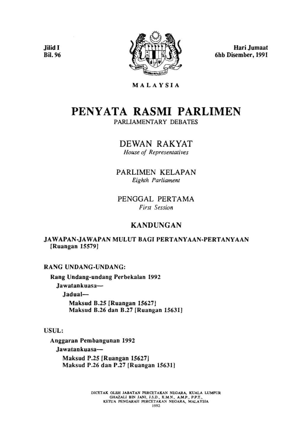 Penyata Rasmi Parlpmen Parliamentary Debates