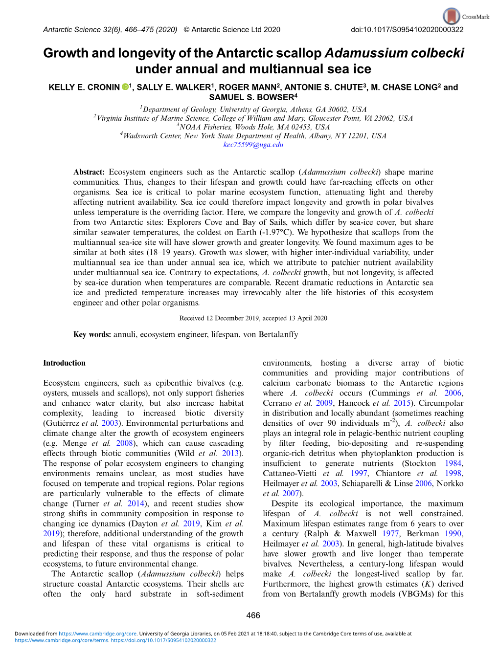 Growth and Longevity of the Antarctic Scallop Adamussium Colbecki Under Annual and Multiannual Sea Ice KELLY E