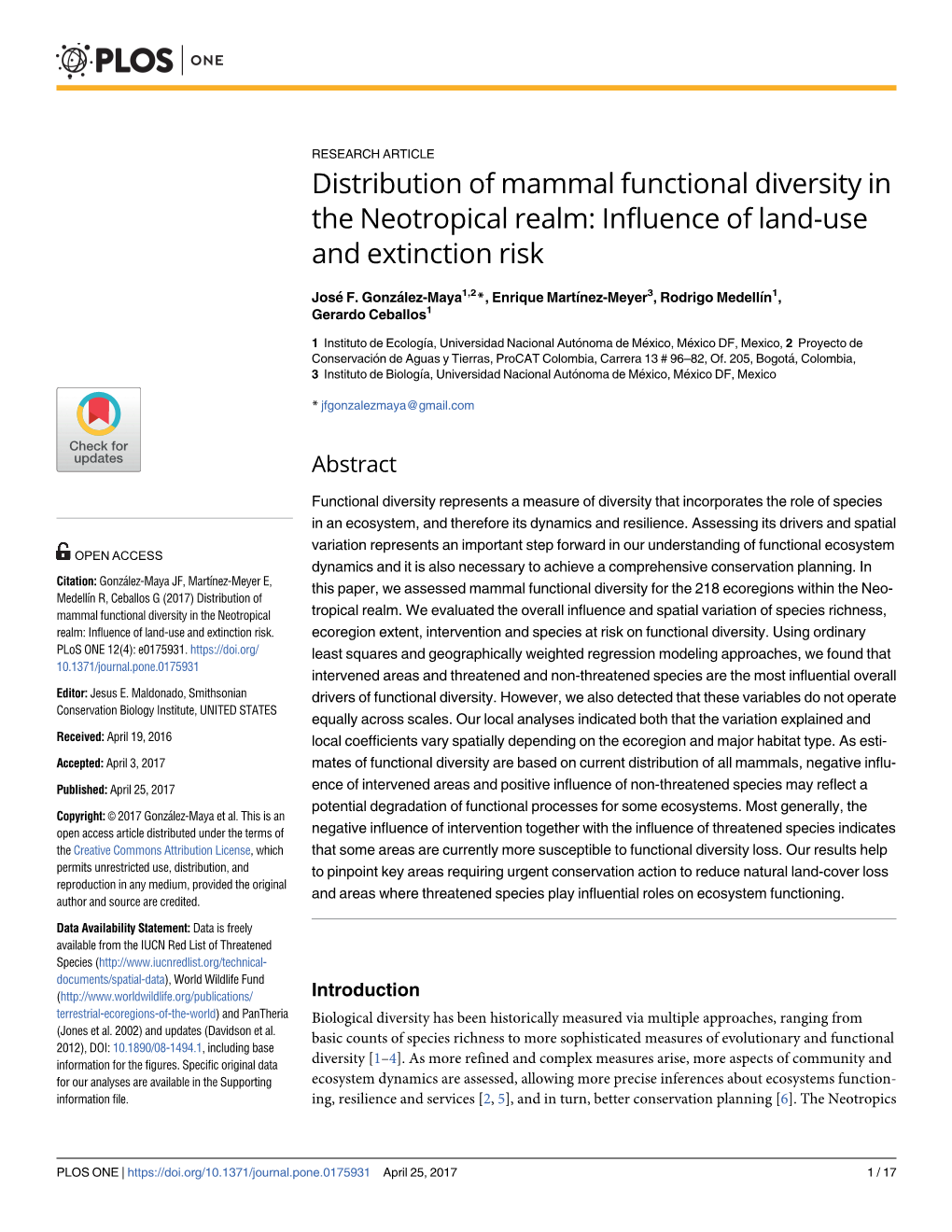 Distribution of Mammal Functional Diversity in the Neotropical Realm: Influence of Land-Use and Extinction Risk
