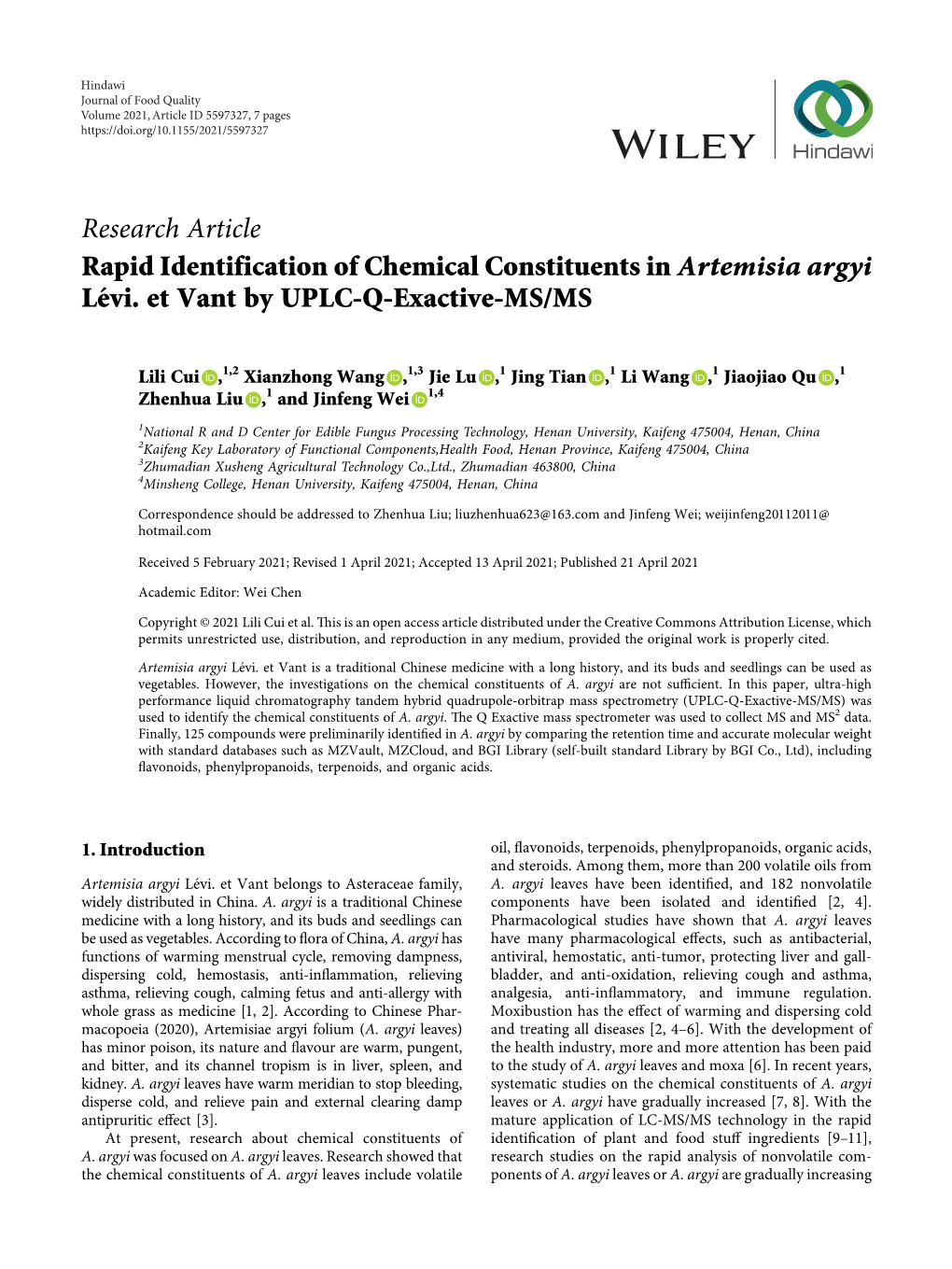 Research Article Rapid Identification of Chemical Constituents in Artemisia Argyi Le´Vi