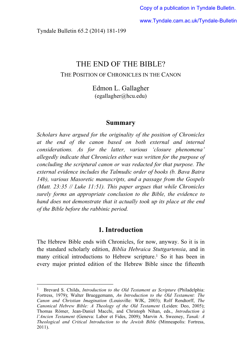 The End of the Bible? the Position of Chronicles in the Canon