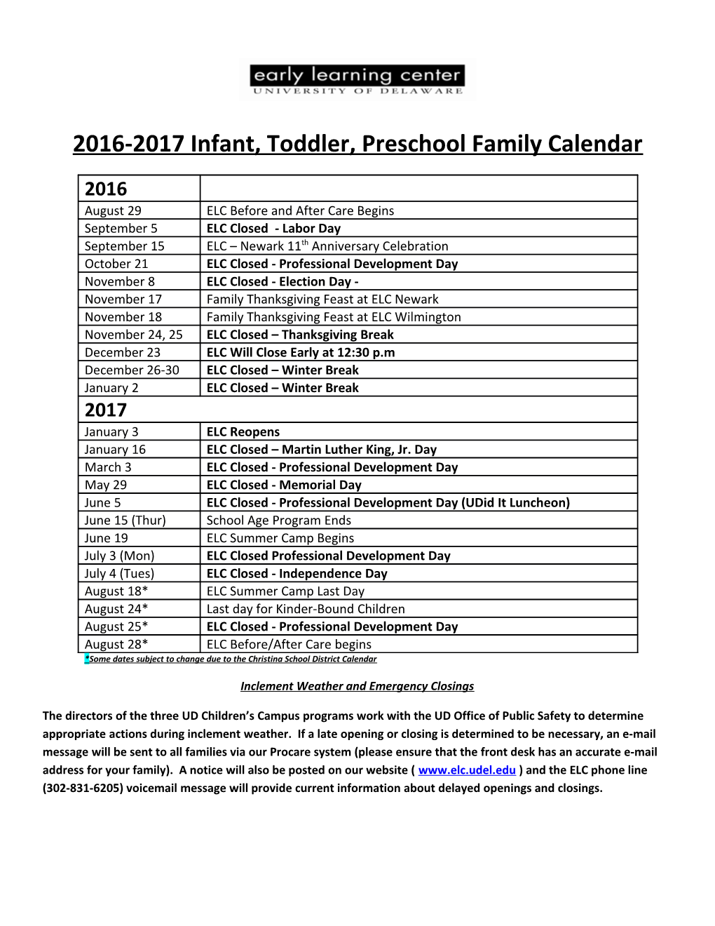 2016-2017 Infant, Toddler, Preschool Family Calendar