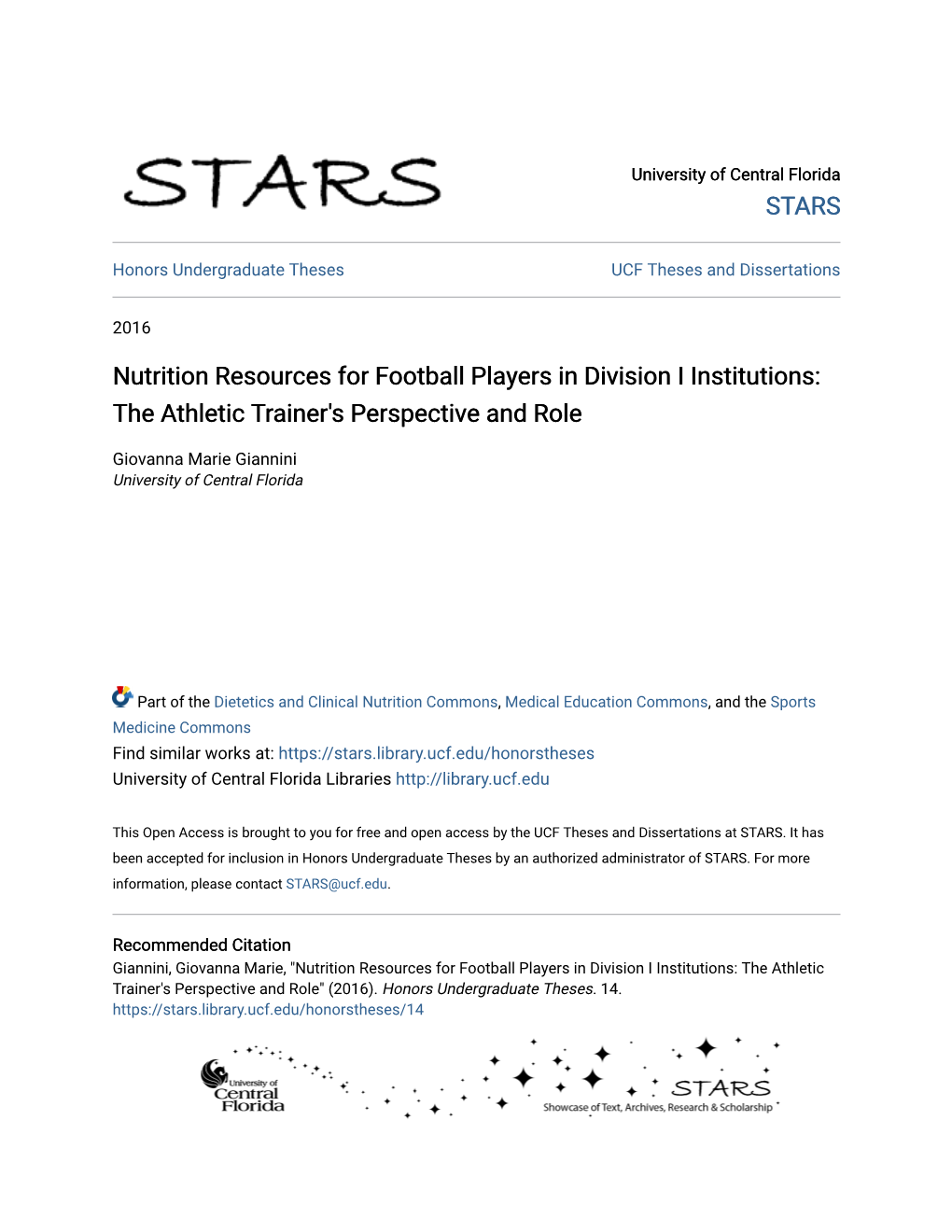 Nutrition Resources for Football Players in Division I Institutions: the Athletic Trainer's Perspective and Role