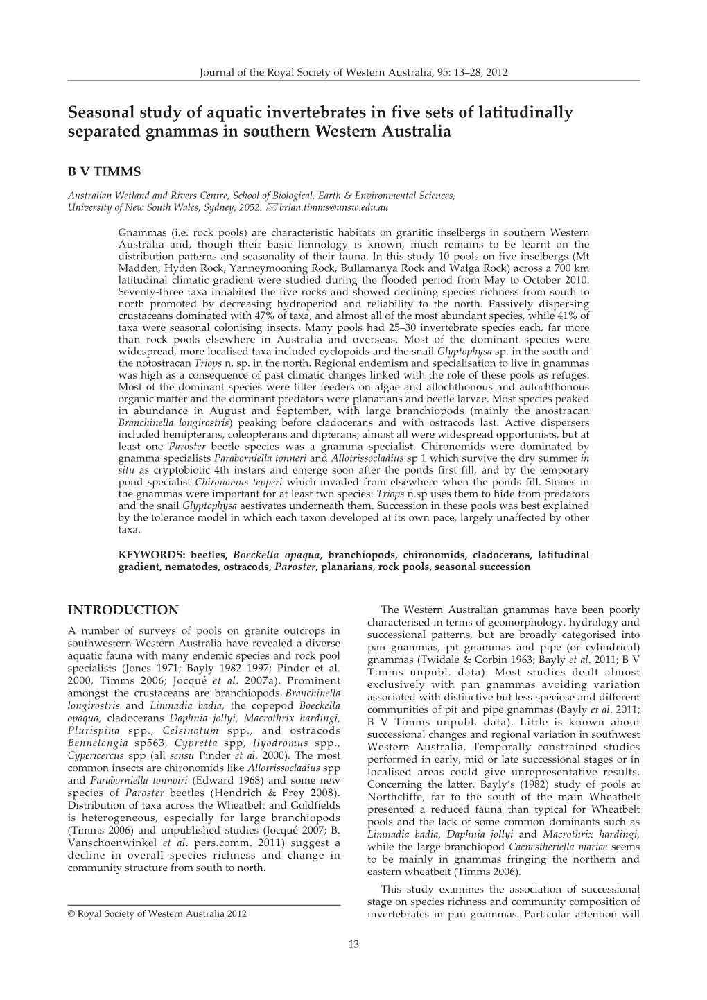 Seasonal Study of Aquatic Invertebrates in Five Sets of Latitudinally Separated Gnammas in Southern Western Australia