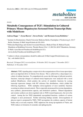 Metabolic Consequences of Tgfb Stimulation in Cultured Primary