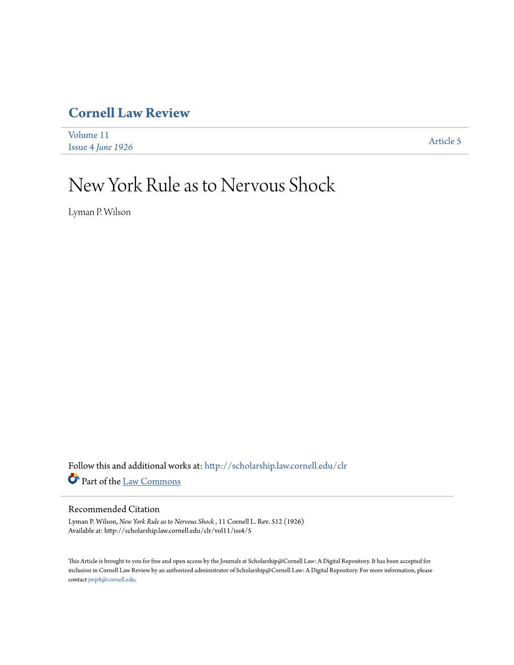 New York Rule As to Nervous Shock Lyman P