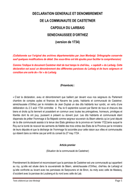DECLARATION GENERALE ET DENOMBREMENT DE LA COMMUNAUTE DE CASTETNER CAPDULH DU LARBAIG SENECHAUSSEE D’ORTHEZ (Version De 1734)