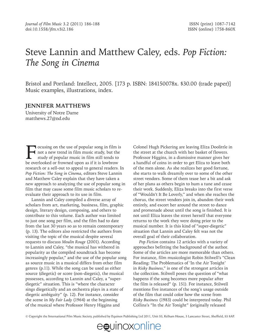 Steve Lannin and Matthew Caley, Eds. Pop Fiction: the Song in Cinema