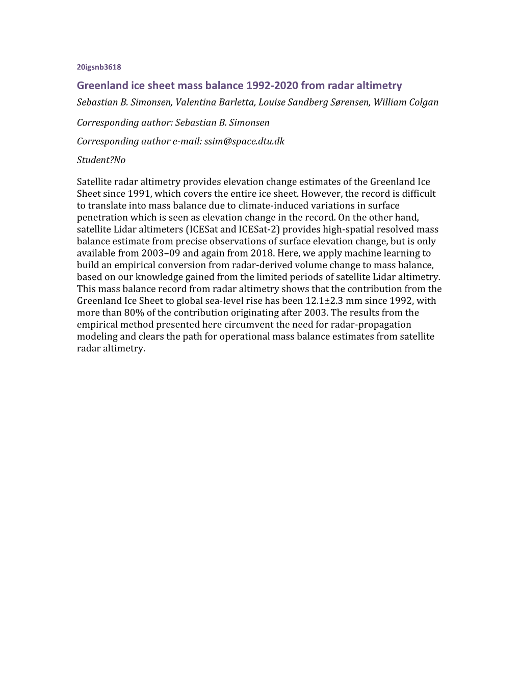 Greenland Ice Sheet Mass Balance 1992-2020 from Radar Altimetry Sebastian B