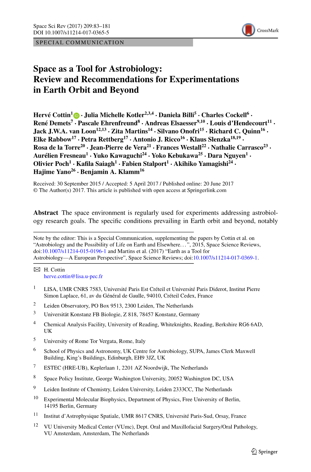 Space As a Tool for Astrobiology: Review and Recommendations for Experimentations in Earth Orbit and Beyond