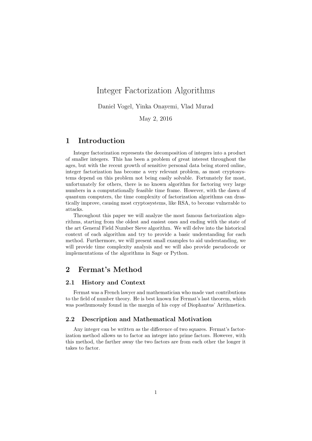 Integer Factorization Algorithms