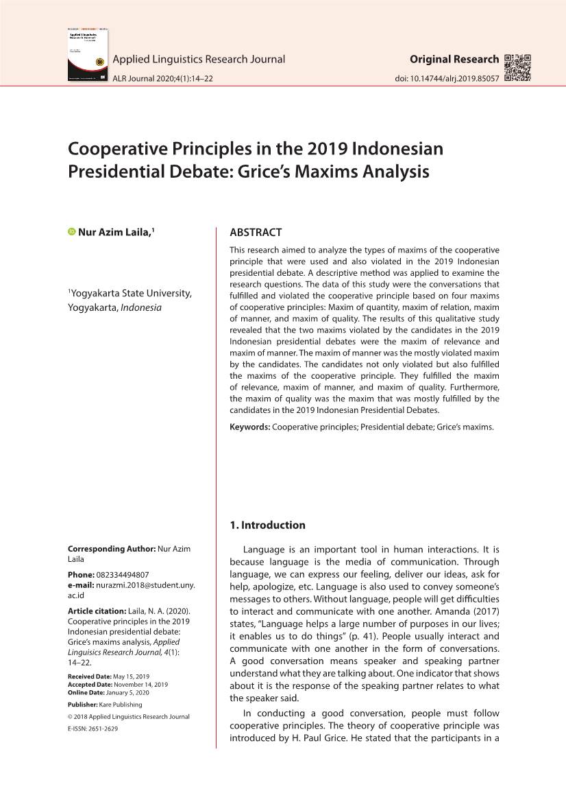 Cooperative Principles in the 2019 Indonesian Presidential Debate: Grice’S Maxims Analysis