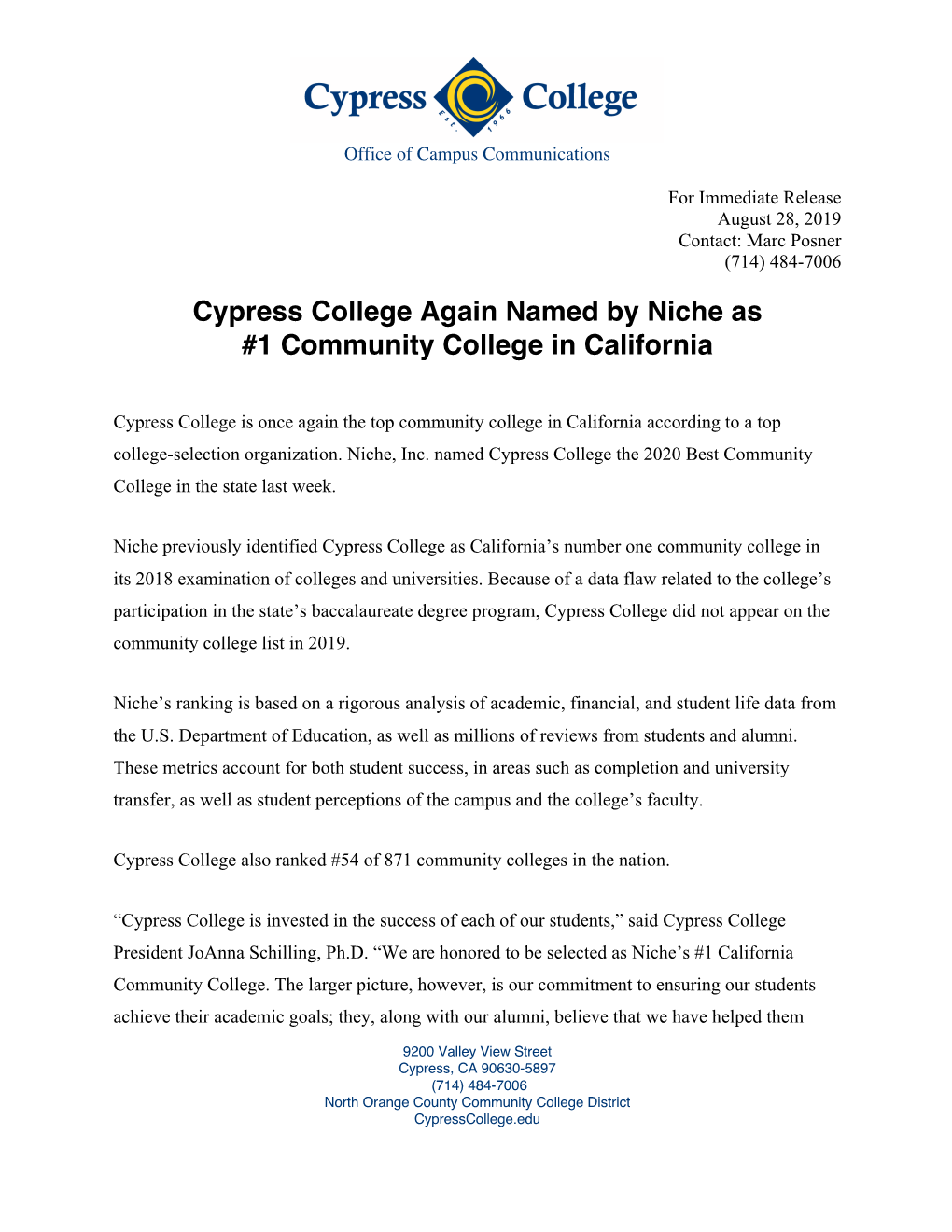 Cypress College Again Named by Niche As #1 Community College in California