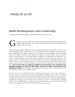 Adult Development and Leadership the Implications of Robert Kegan’S Adult Development Theory for Leaders