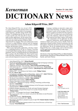 Kernerman Kdictionaries.Com/Kdn DICTIONARY News Adam Kilgarriff Prize, 2017