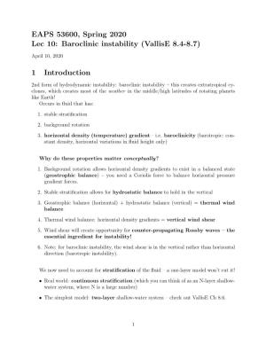 EAPS 53600, Spring 2020 Lec 10: Baroclinic Instability (Vallise 8.4-8.7)