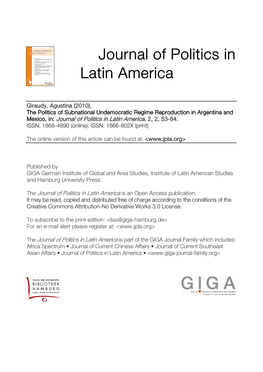 The Politics of Subnational Undemocratic Regime Reproduction in Argentina and Mexico, In: Journal of Politics in Latin America, 2, 2, 53-84