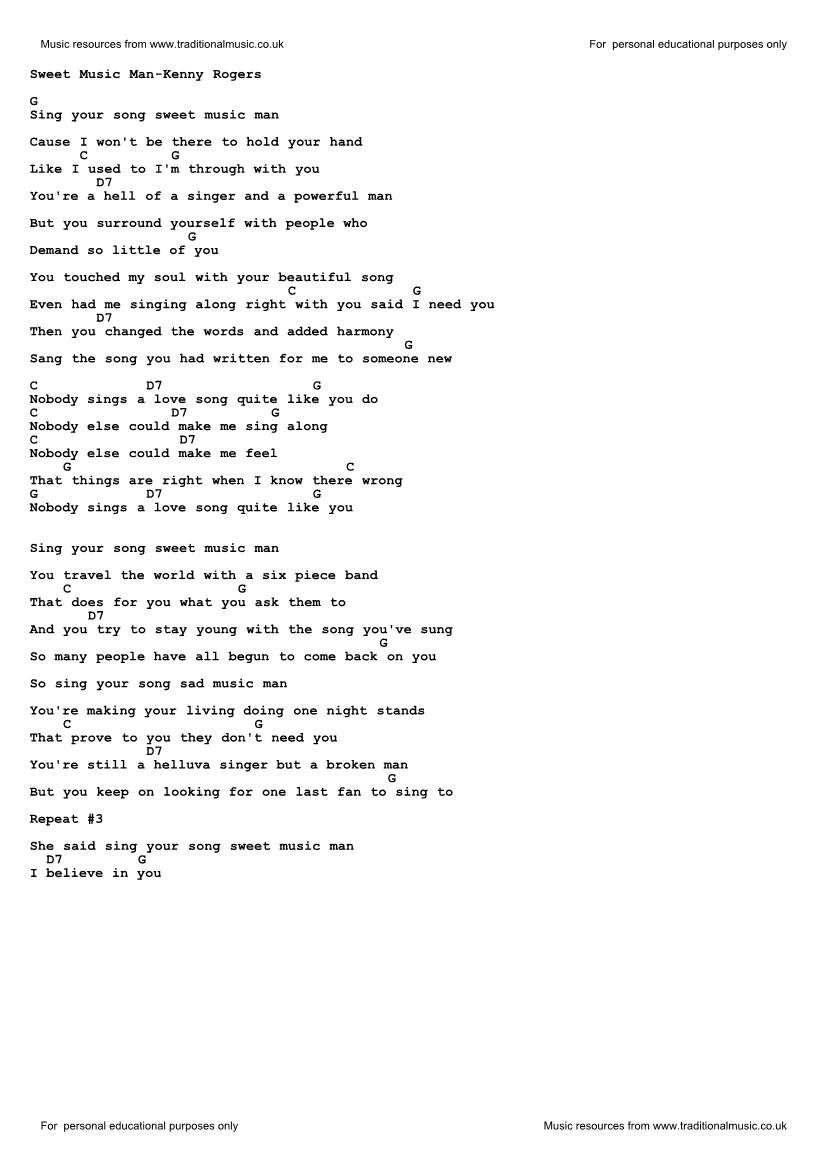 Download Sweet Music Man-Kenny Rogers Lyrics and Chords As PDF File