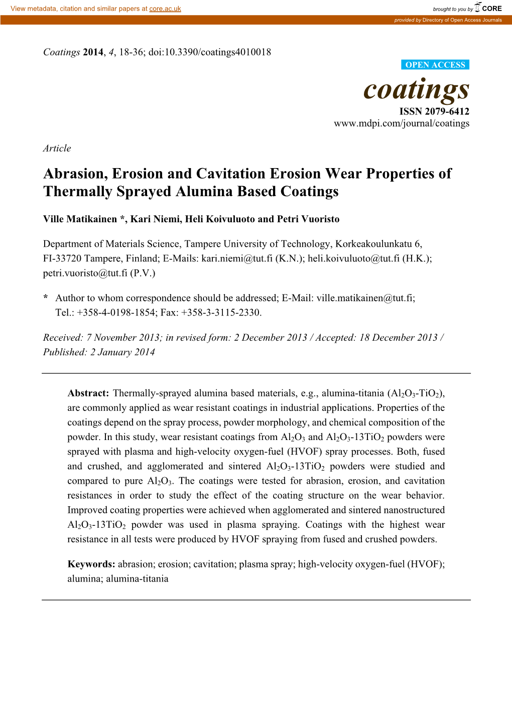 Abrasion, Erosion and Cavitation Erosion Wear Properties of Thermally Sprayed Alumina Based Coatings