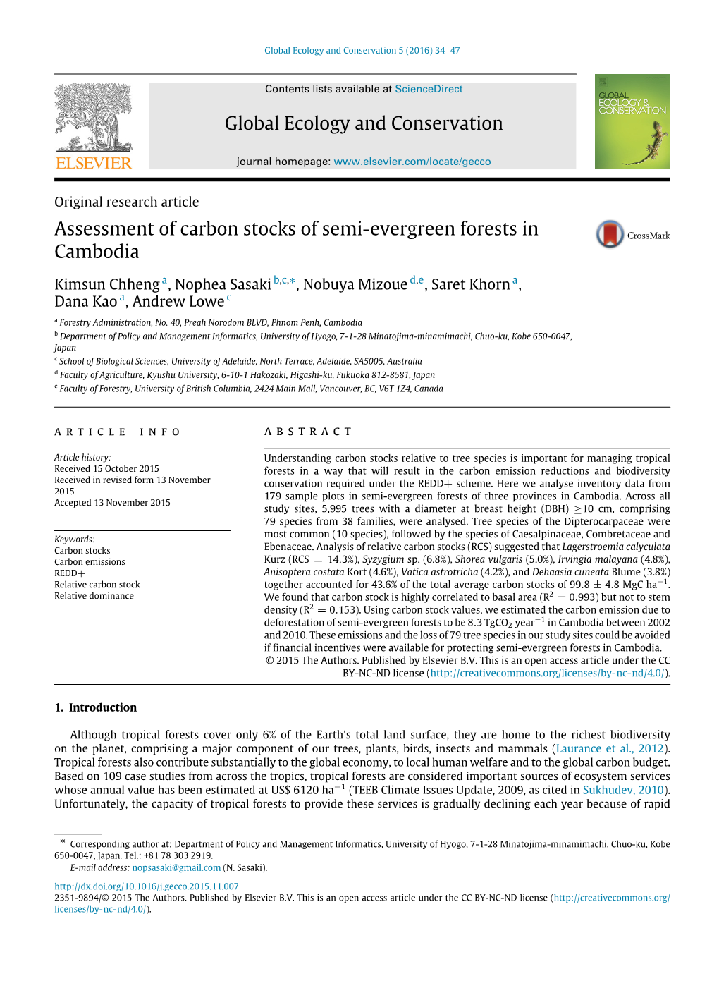 Assessment of Carbon Stocks of Semi-Evergreen Forests in Cambodia