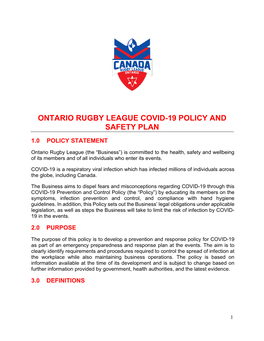 Ontario Rugby League Covid-19 Policy and Safety Plan