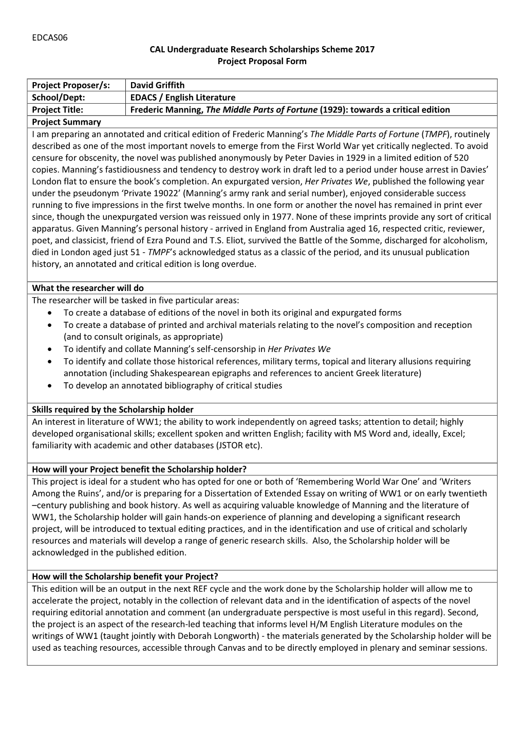 EDCAS06 CAL Undergraduate Research Scholarships Scheme 2017 Project Proposal Form Project Proposer/S: David Griffith School/Dept