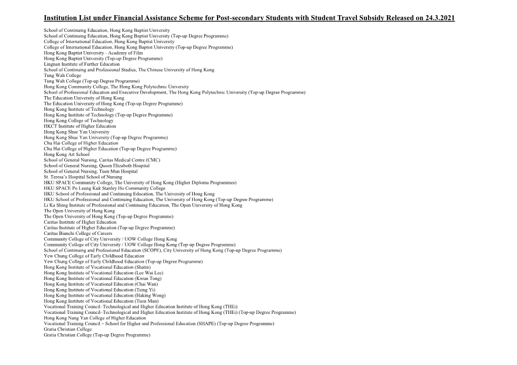 Institution List Under Financial Assistance Scheme for Post-Secondary Students with Student Travel Subsidy Released on 24.3.2021