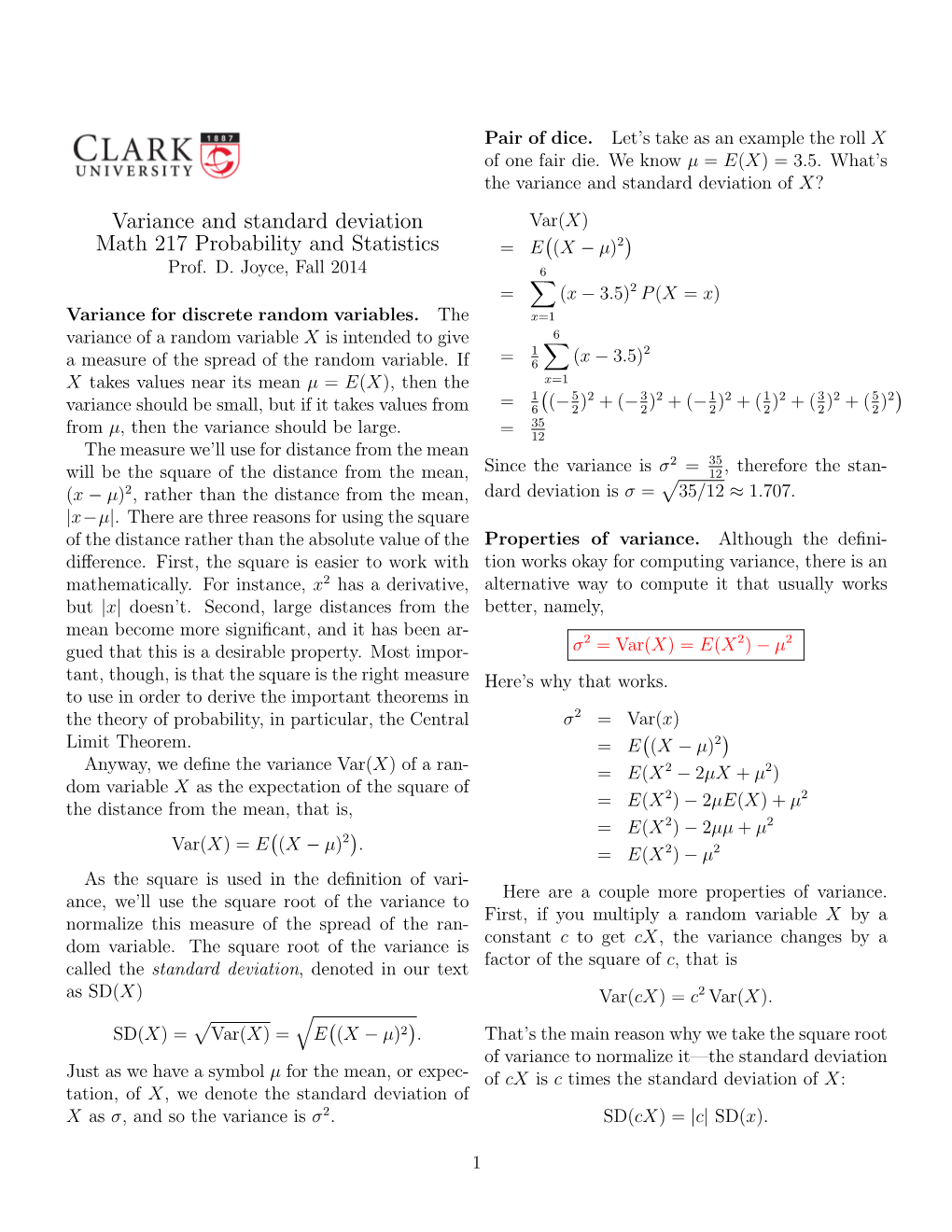 Variance and Standard Deviation Math 217 Probability and Statistics