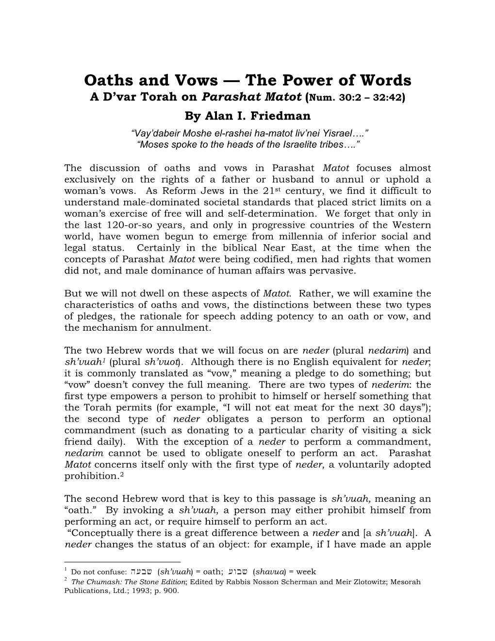 Oaths and Vows — the Power of Words a D’Var Torah on Parashat Matot (Num