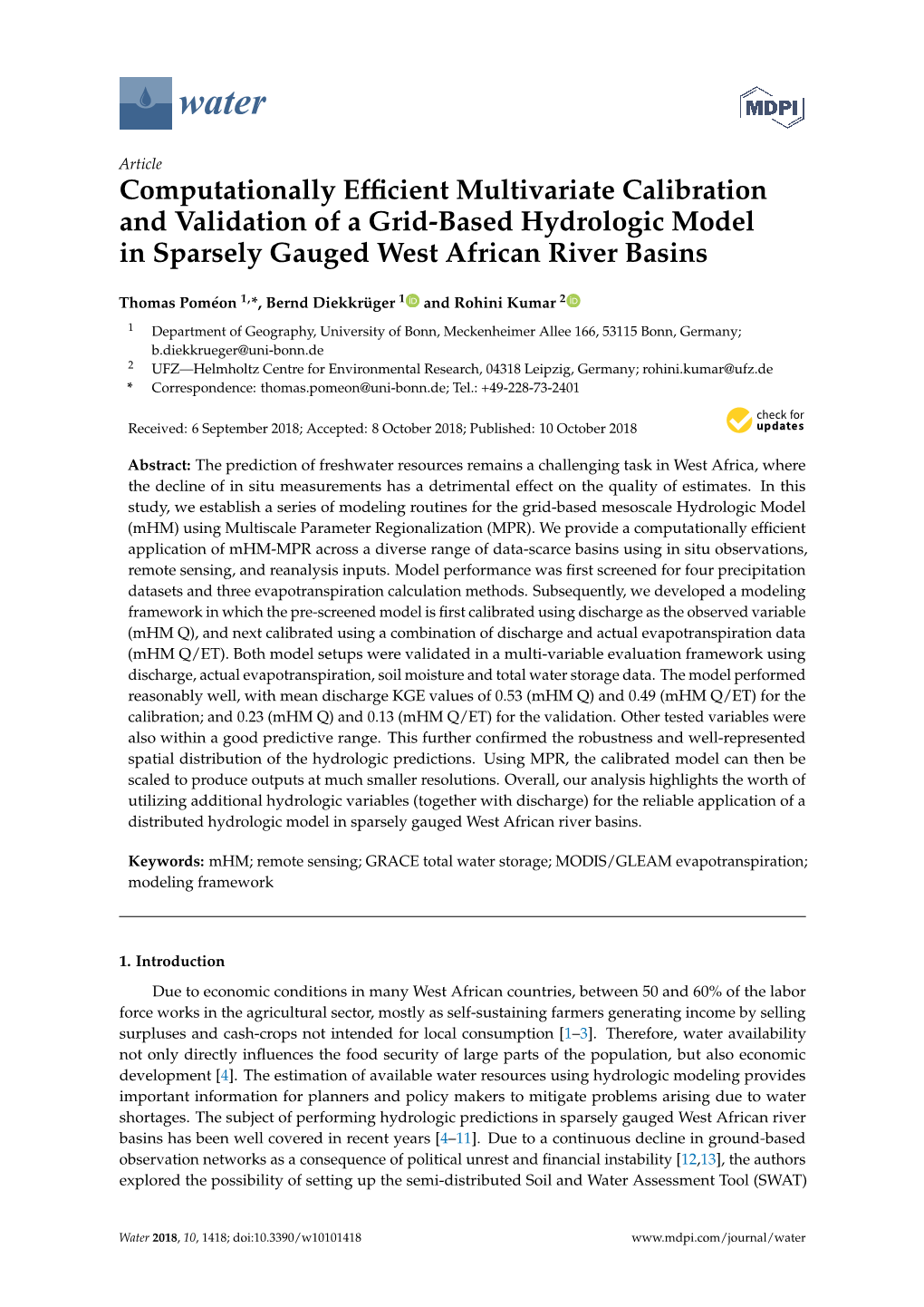 Computationally Efficient Multivariate Calibration and Validation of a Grid-Based Hydrologic Model in Sparsely Gauged West Afric