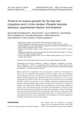 Threat of an Invasive Parasitic Fly, the Deer Ked (Lipoptena Cervi ), to the Reindeer (Rangifer Tarandus Tarandus): Experimental Infection and Treatment