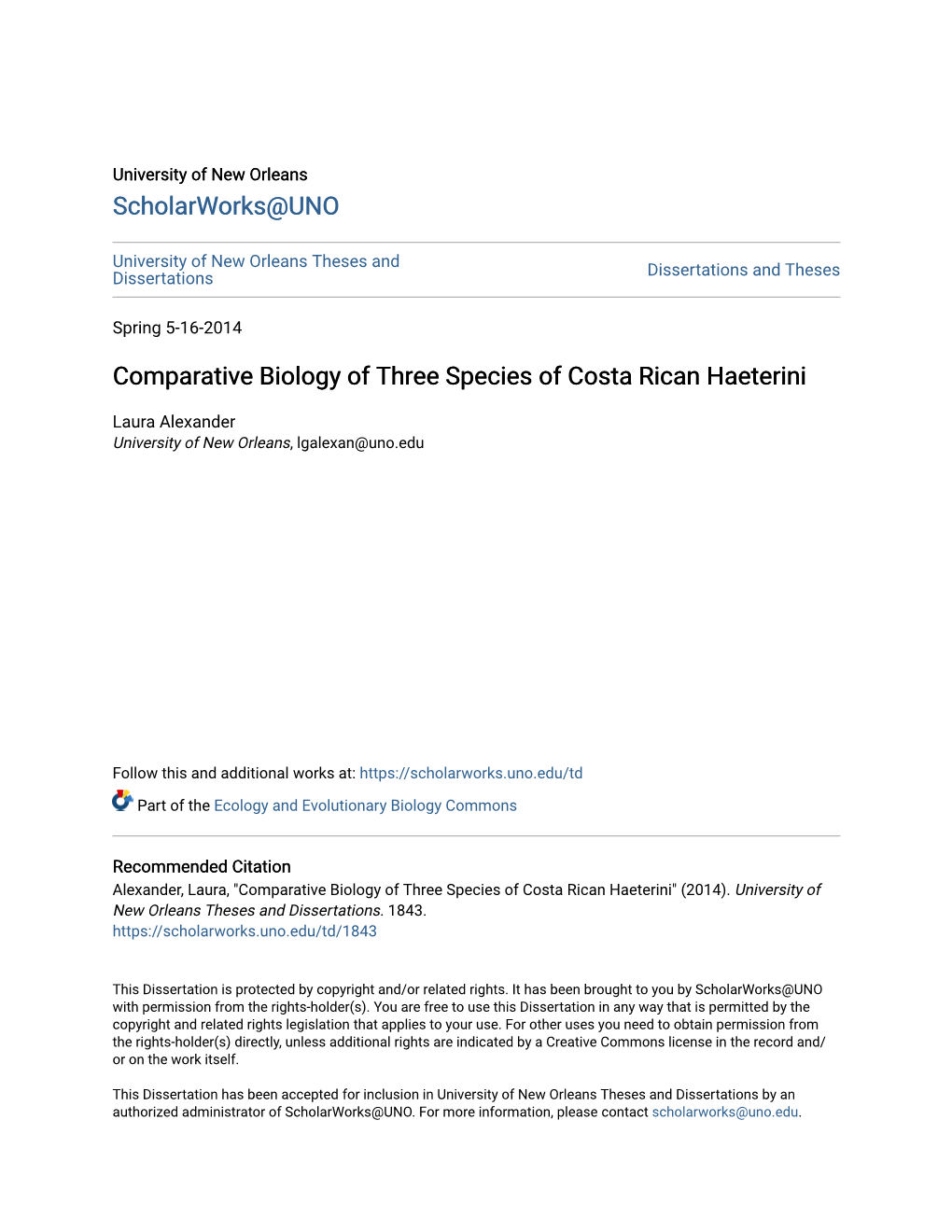 Comparative Biology of Three Species of Costa Rican Haeterini